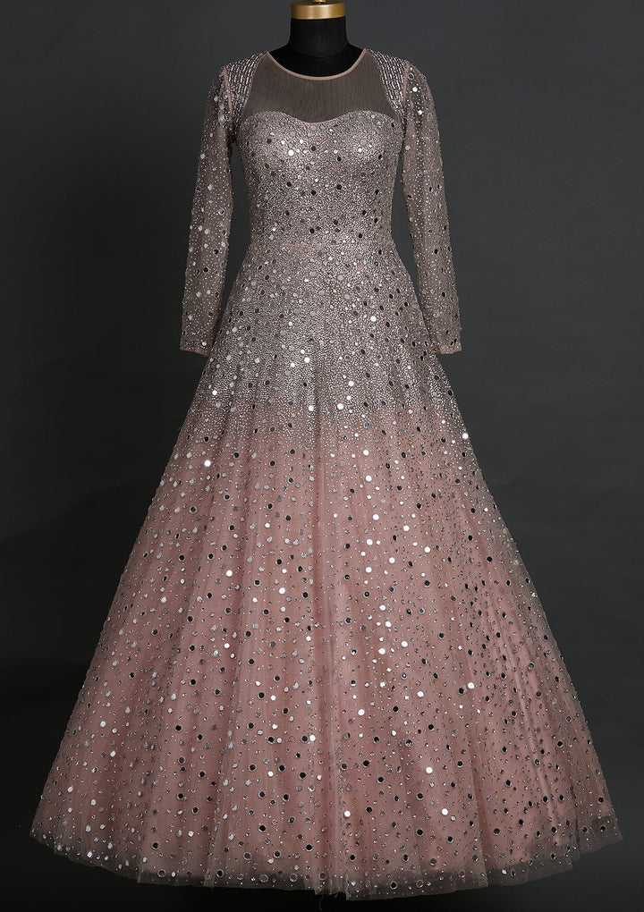 Onion Pink Mirrorwork Net Designer Gown - koskii