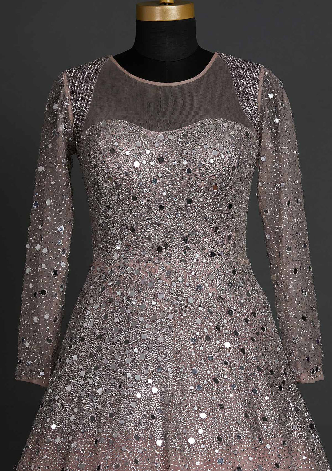 Onion Pink Mirrorwork Net Designer Gown - koskii