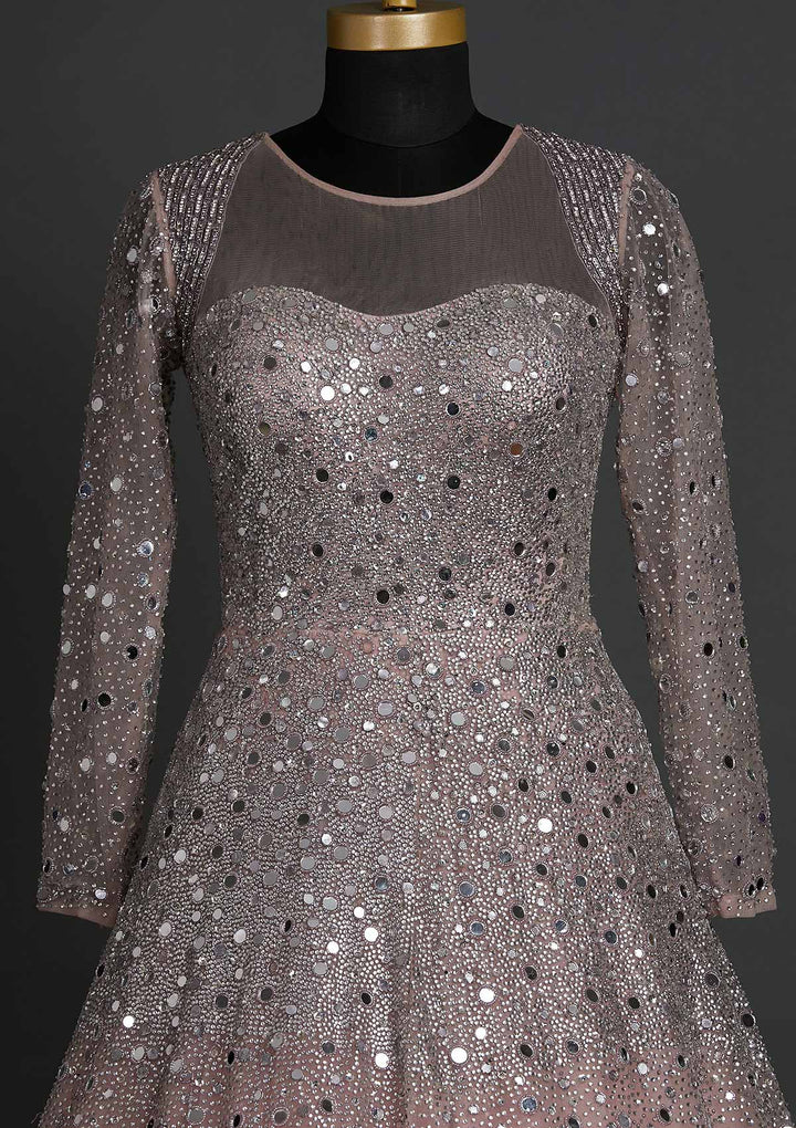 Onion Pink Mirrorwork Net Designer Gown - koskii