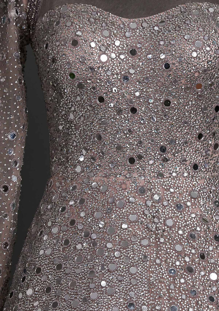 Onion Pink Mirrorwork Net Designer Gown - koskii