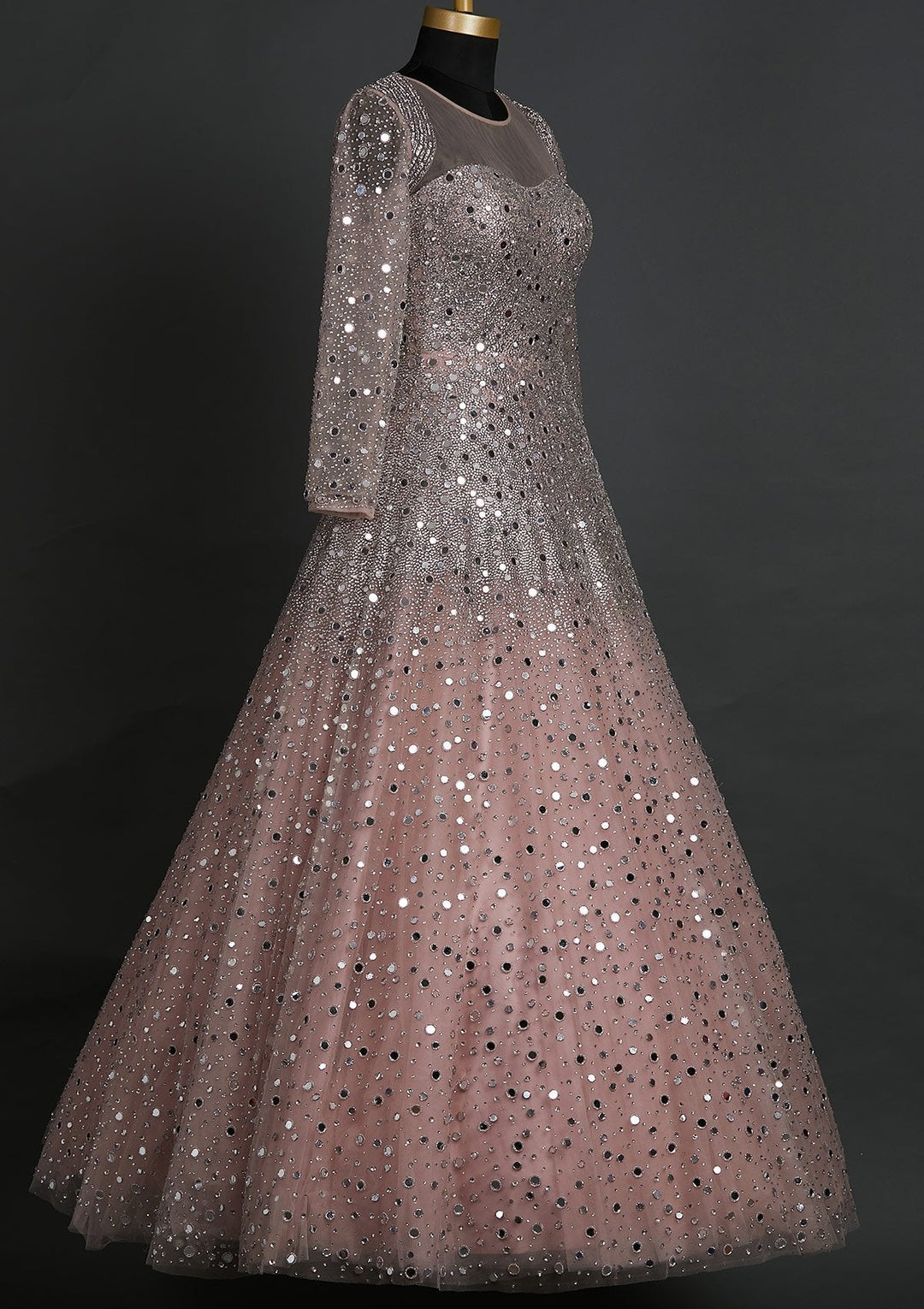 Onion Pink Mirrorwork Net Designer Gown - koskii