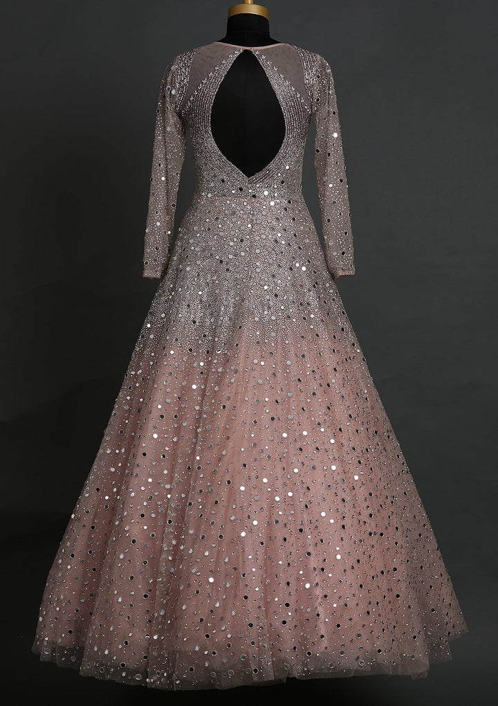 Onion Pink Mirrorwork Net Designer Gown - koskii