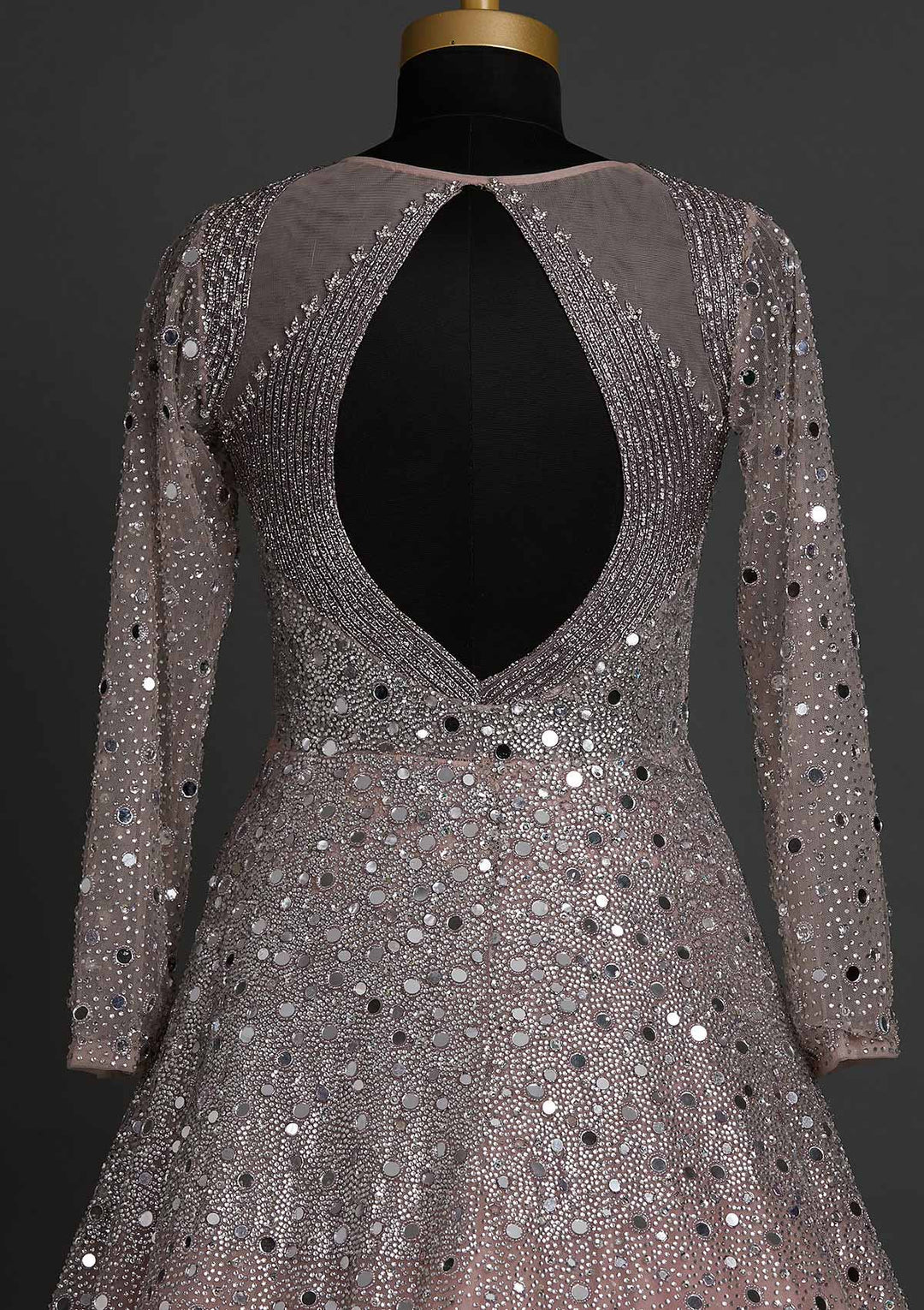 Onion Pink Mirrorwork Net Designer Gown - koskii