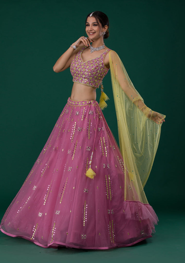 Onion Pink Mirrorwork Net Designer Lehenga-Koskii