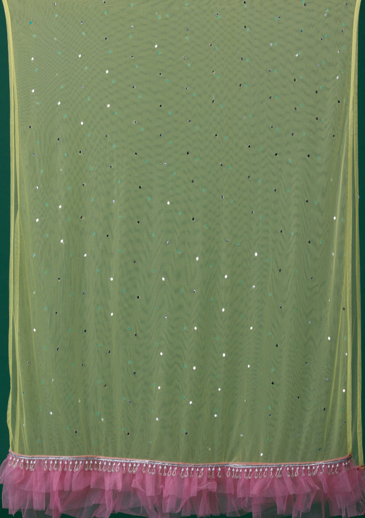 Onion Pink Mirrorwork Net Designer Lehenga-Koskii