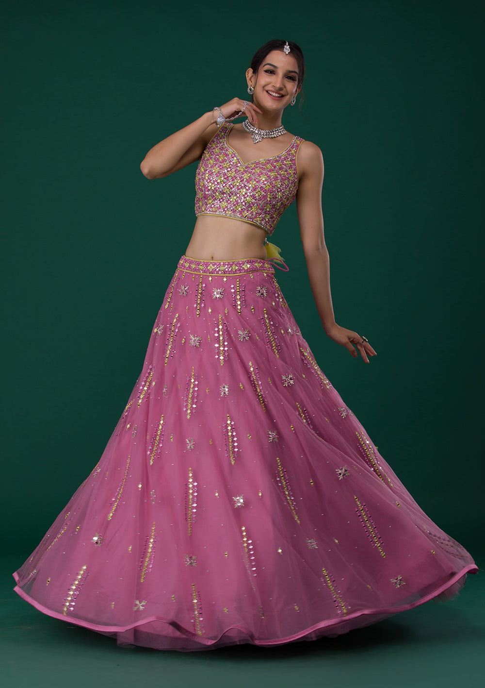 Onion Pink Mirrorwork Net Designer Lehenga-Koskii