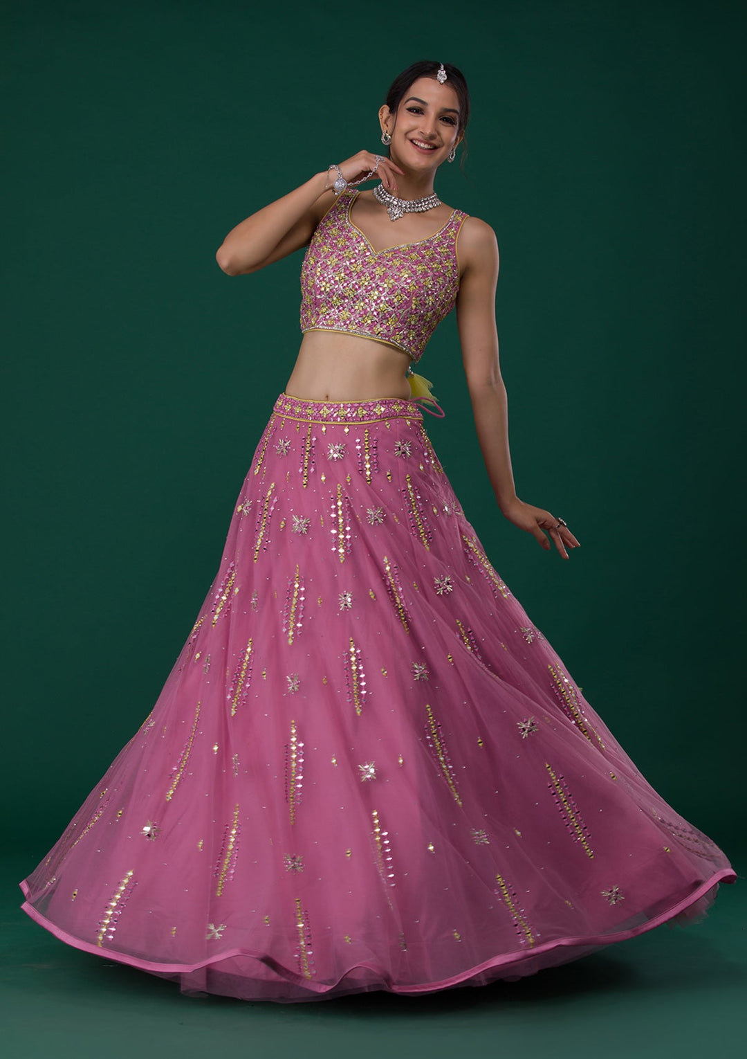 Onion Pink Mirrorwork Net Designer Lehenga-Koskii