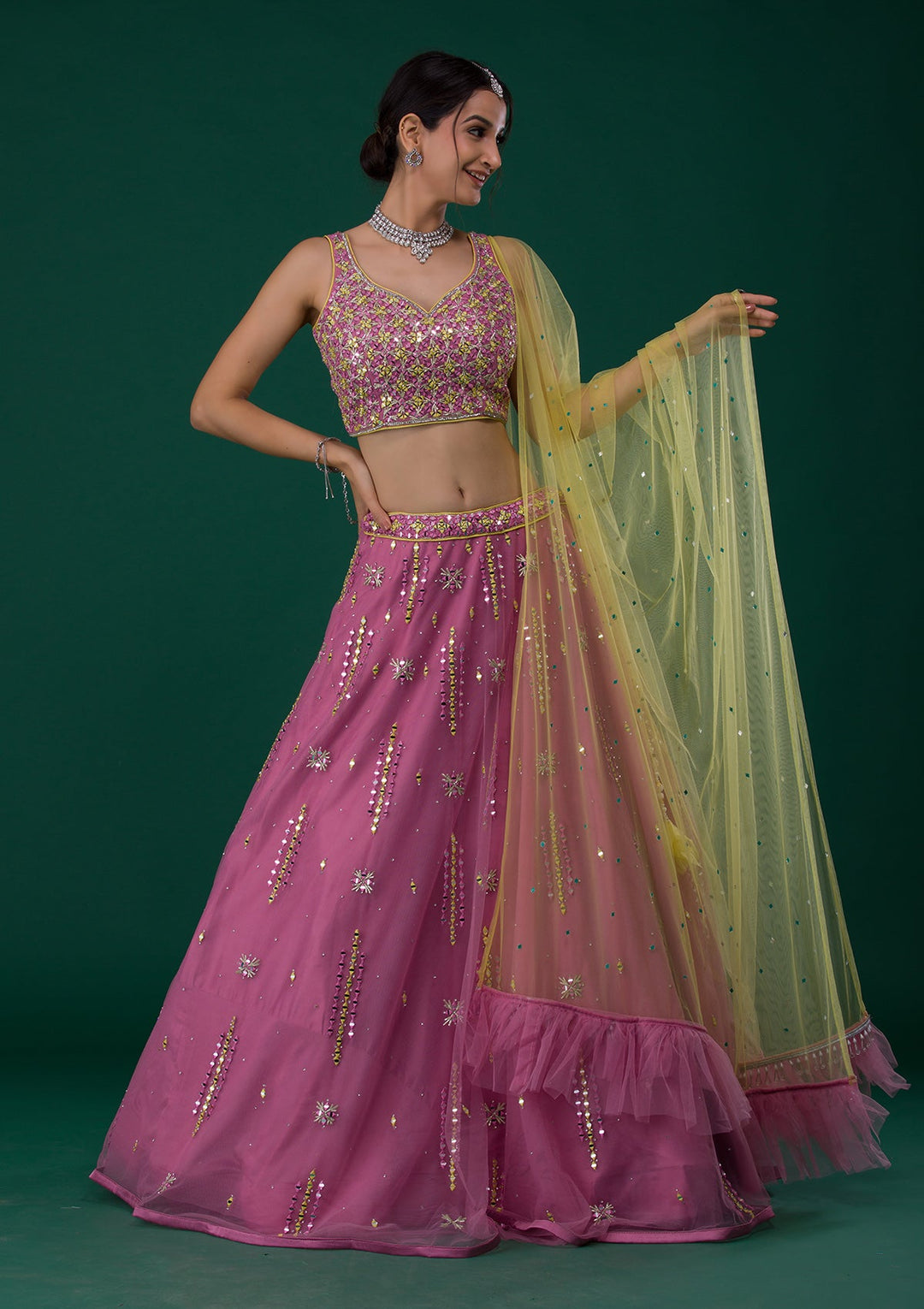 Onion Pink Mirrorwork Net Designer Lehenga-Koskii
