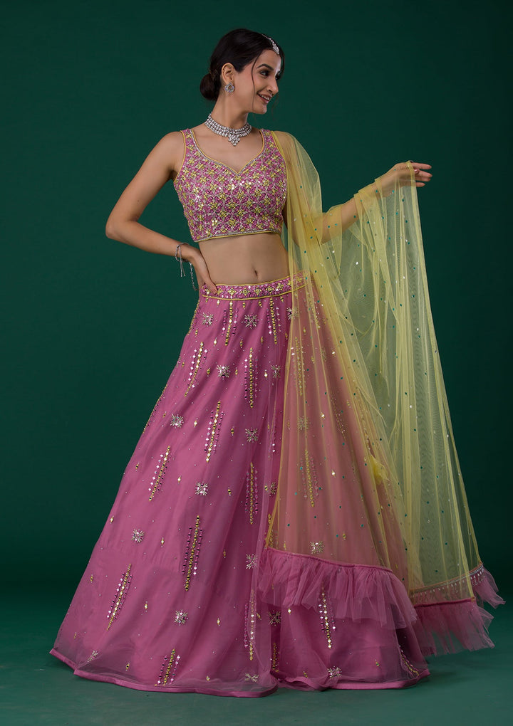 Onion Pink Mirrorwork Net Designer Lehenga-Koskii