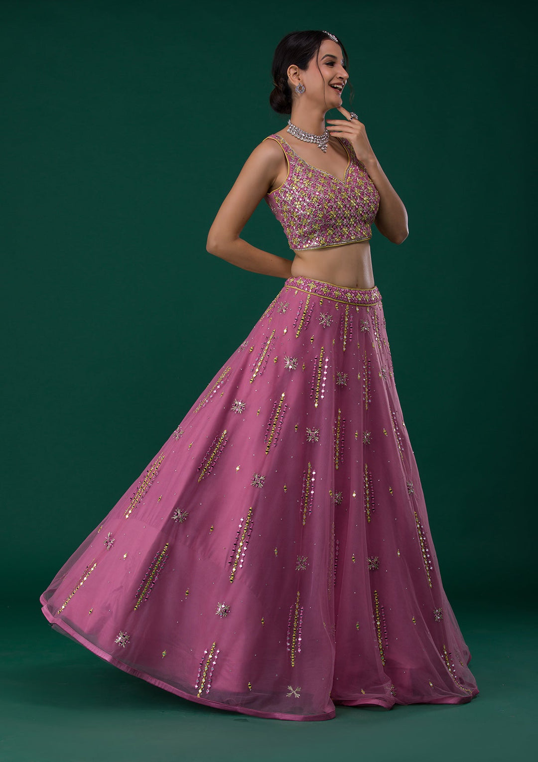 Onion Pink Mirrorwork Net Designer Lehenga-Koskii