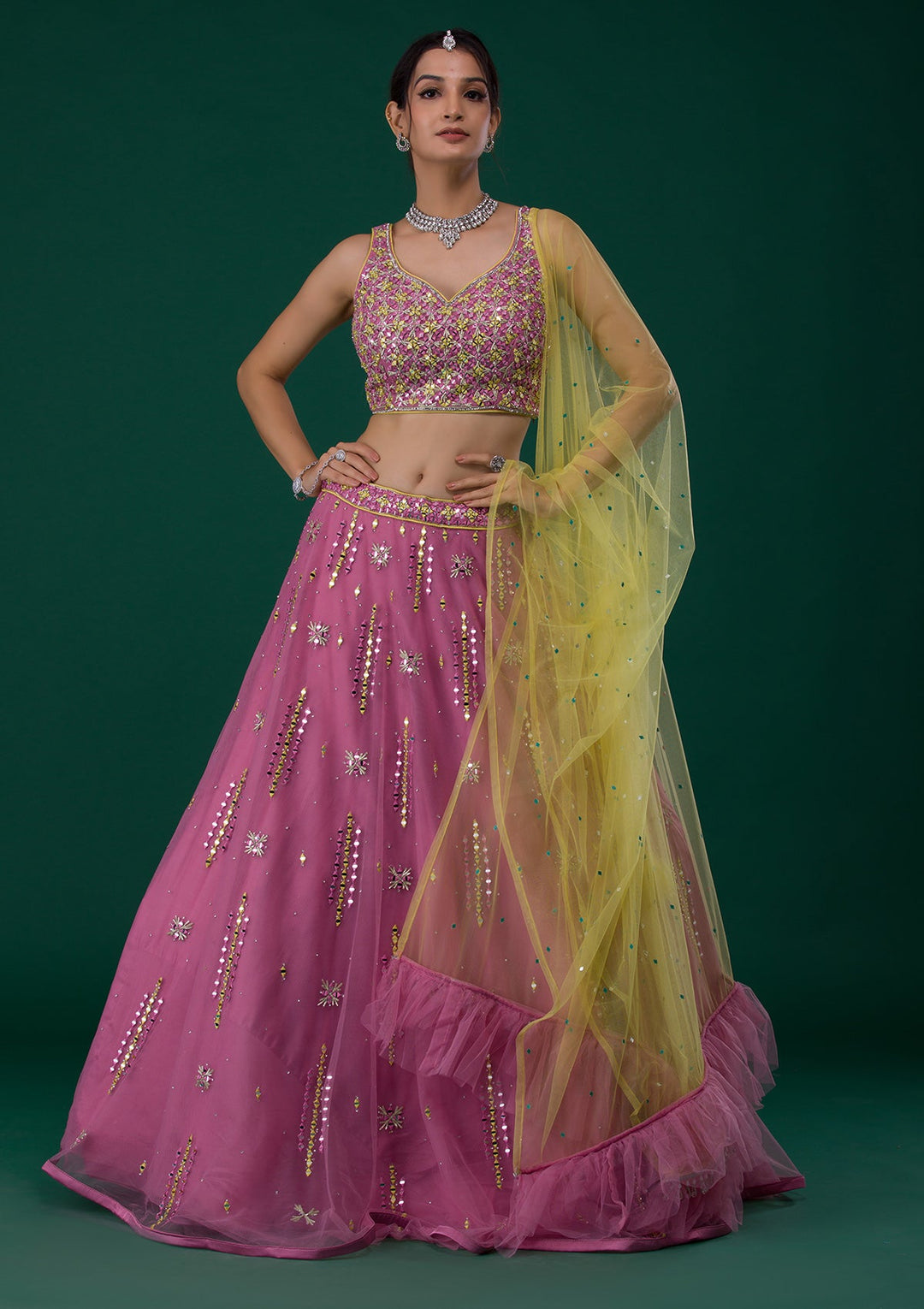 Onion Pink Mirrorwork Net Designer Lehenga-Koskii