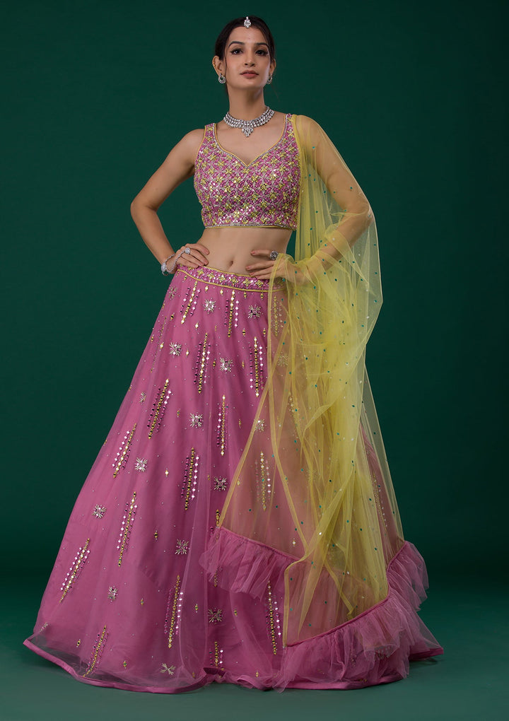 Onion Pink Mirrorwork Net Designer Lehenga-Koskii