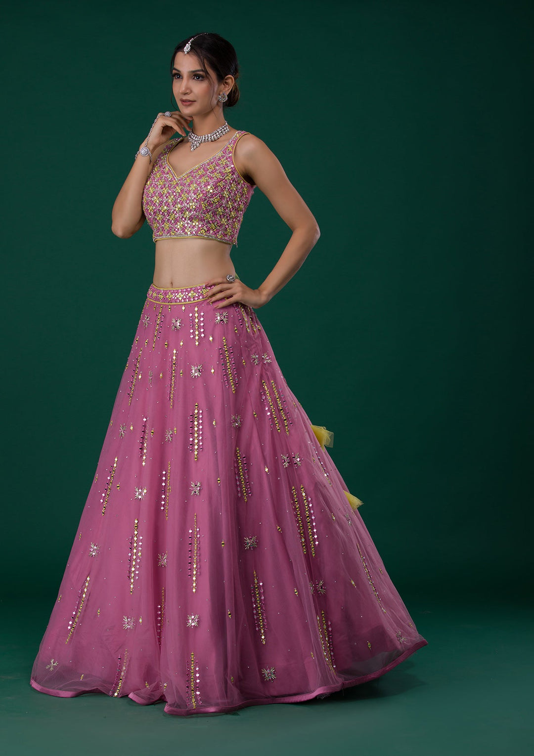 Onion Pink Mirrorwork Net Designer Lehenga-Koskii