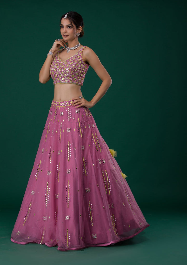 Onion Pink Mirrorwork Net Designer Lehenga-Koskii