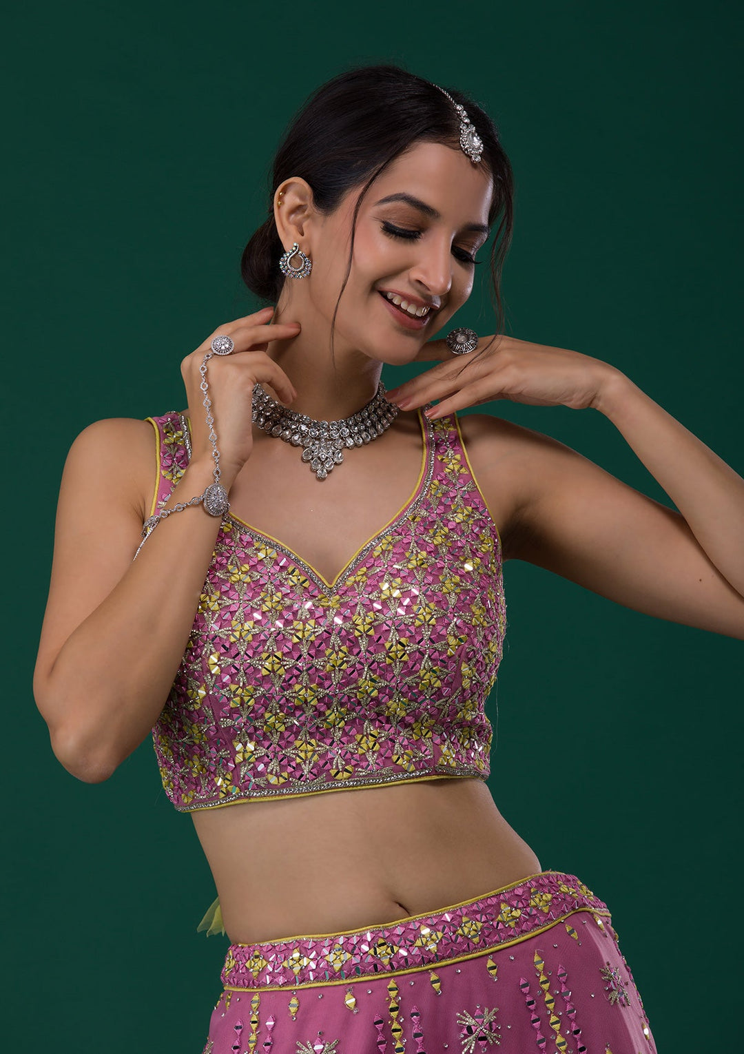 Onion Pink Mirrorwork Net Designer Lehenga-Koskii