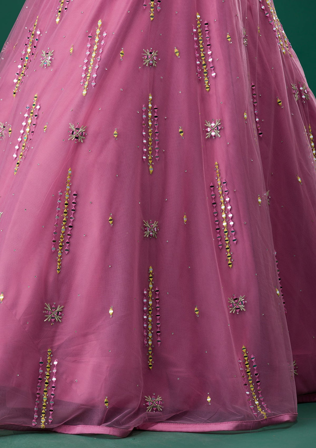 Onion Pink Mirrorwork Net Designer Lehenga-Koskii