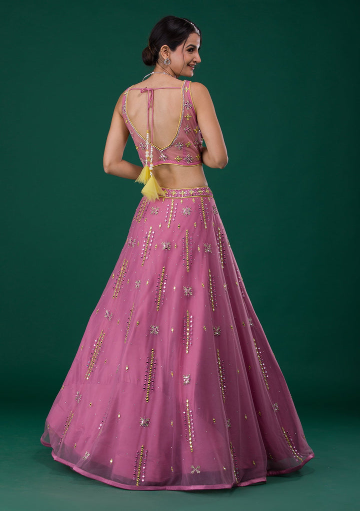 Onion Pink Mirrorwork Net Designer Lehenga-Koskii