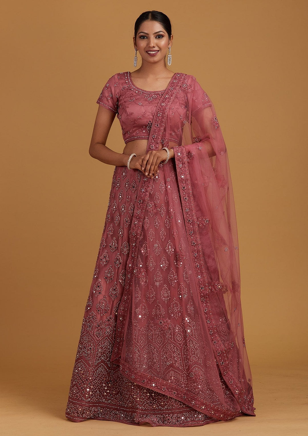 Onion Pink Mirrorwork Net Designer Semi-Stitched Lehenga - Koskii