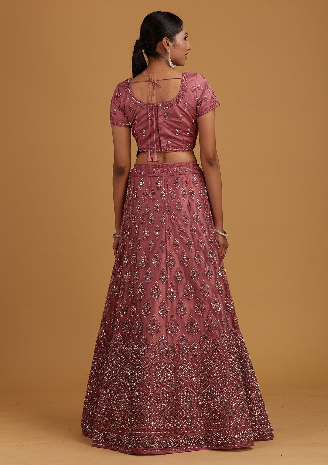 Onion Pink Mirrorwork Net Designer Semi-Stitched Lehenga - Koskii