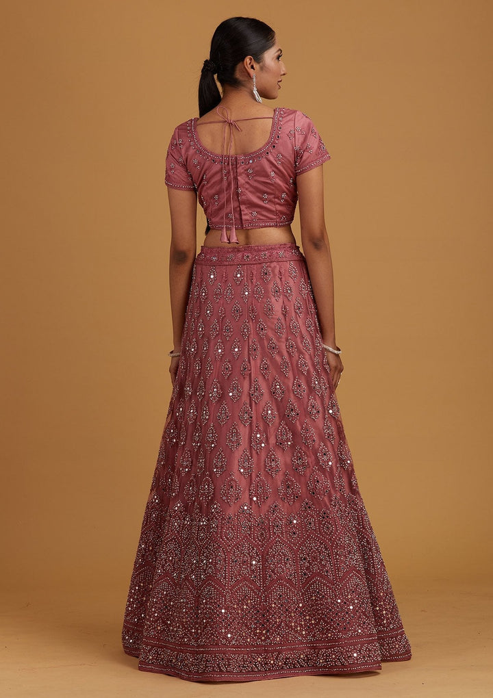 Onion Pink Mirrorwork Net Designer Semi-Stitched Lehenga - Koskii