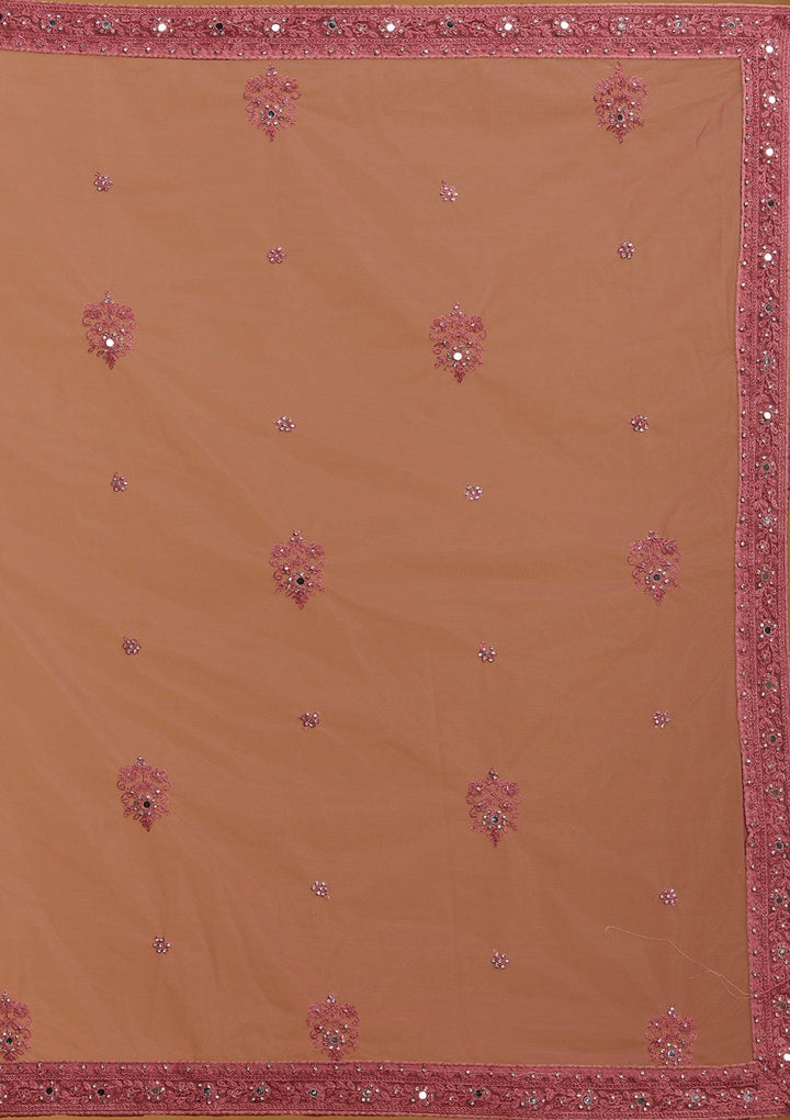 Onion Pink Mirrorwork Net Designer Semi-Stitched Lehenga - Koskii