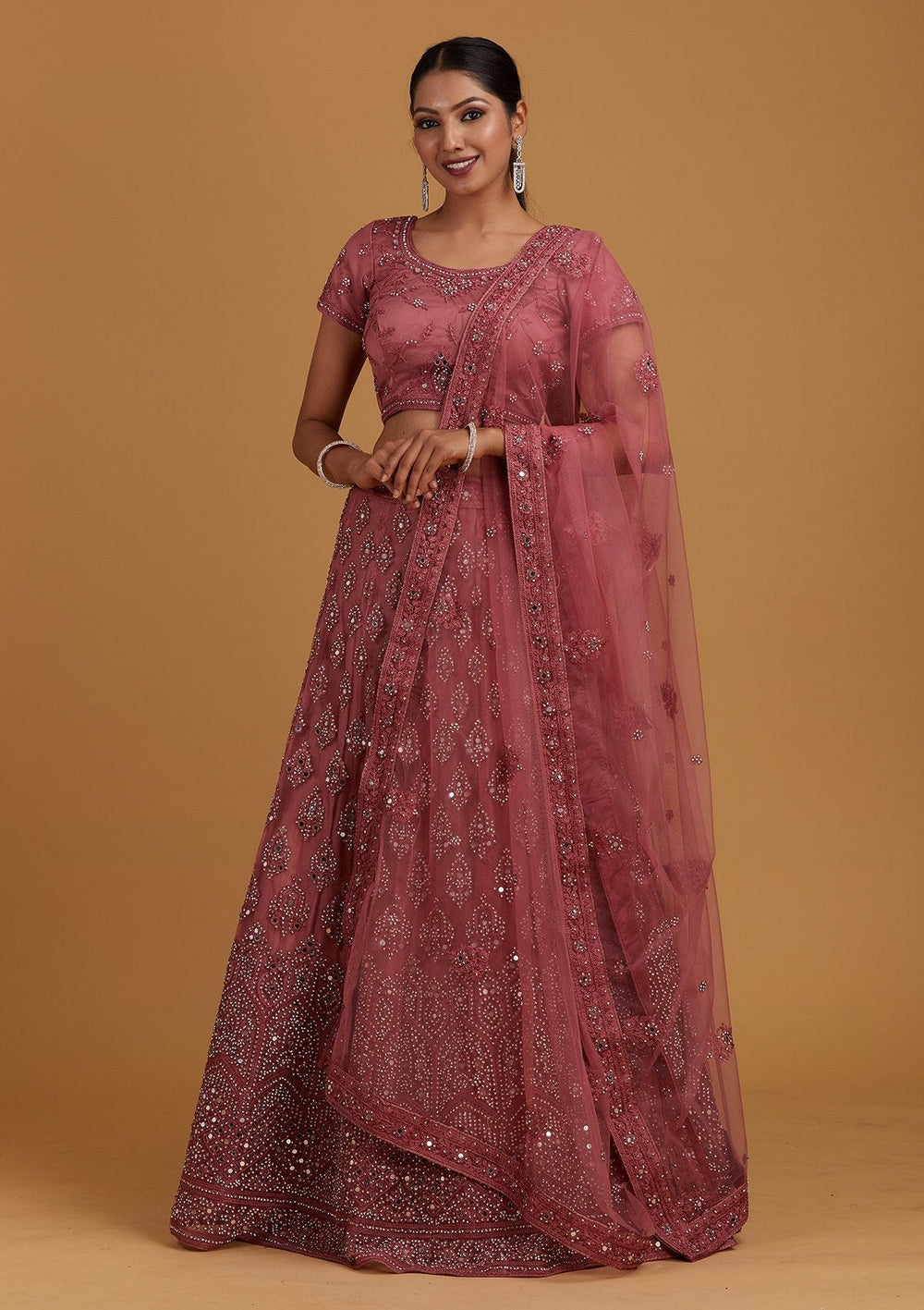 Onion Pink Mirrorwork Net Designer Semi-Stitched Lehenga - Koskii