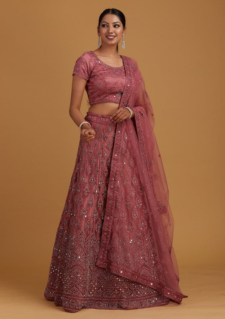 Onion Pink Mirrorwork Net Designer Semi-Stitched Lehenga - Koskii