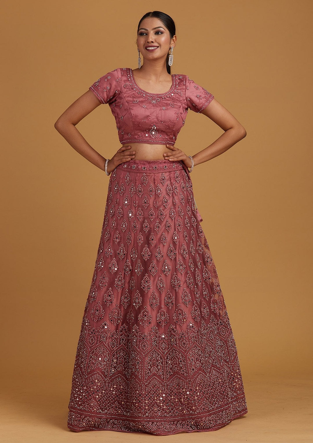 Onion Pink Mirrorwork Net Designer Semi-Stitched Lehenga - Koskii