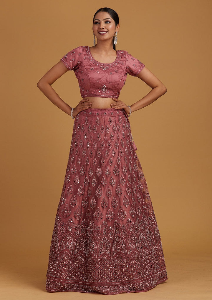 Onion Pink Mirrorwork Net Designer Semi-Stitched Lehenga - Koskii