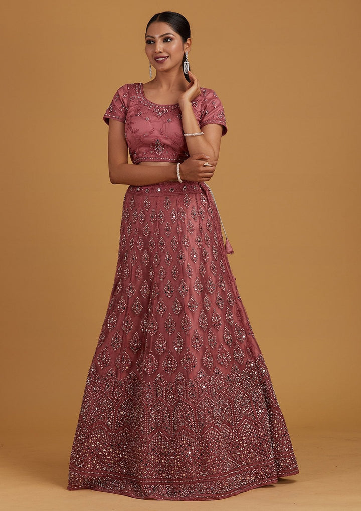 Onion Pink Mirrorwork Net Designer Semi-Stitched Lehenga - Koskii