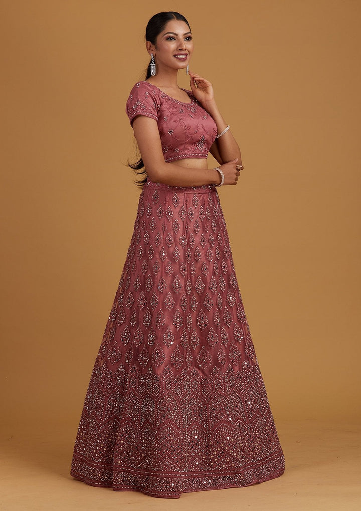 Onion Pink Mirrorwork Net Designer Semi-Stitched Lehenga - Koskii