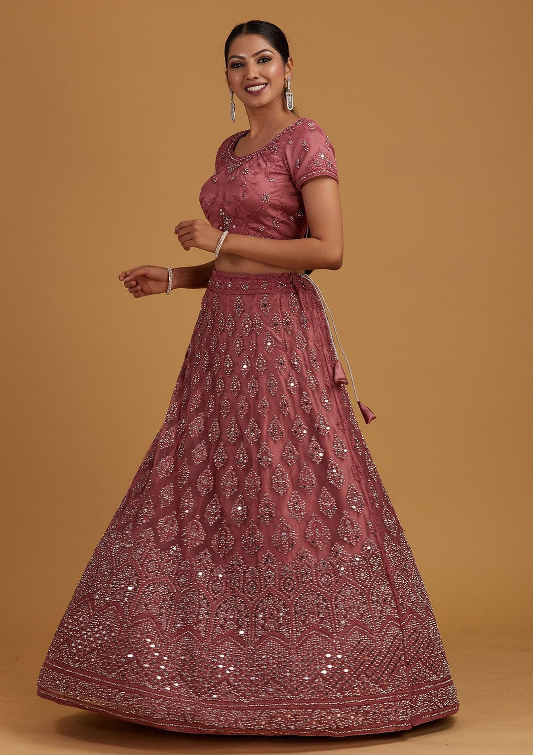 Onion Pink Mirrorwork Net Designer Semi-Stitched Lehenga - Koskii