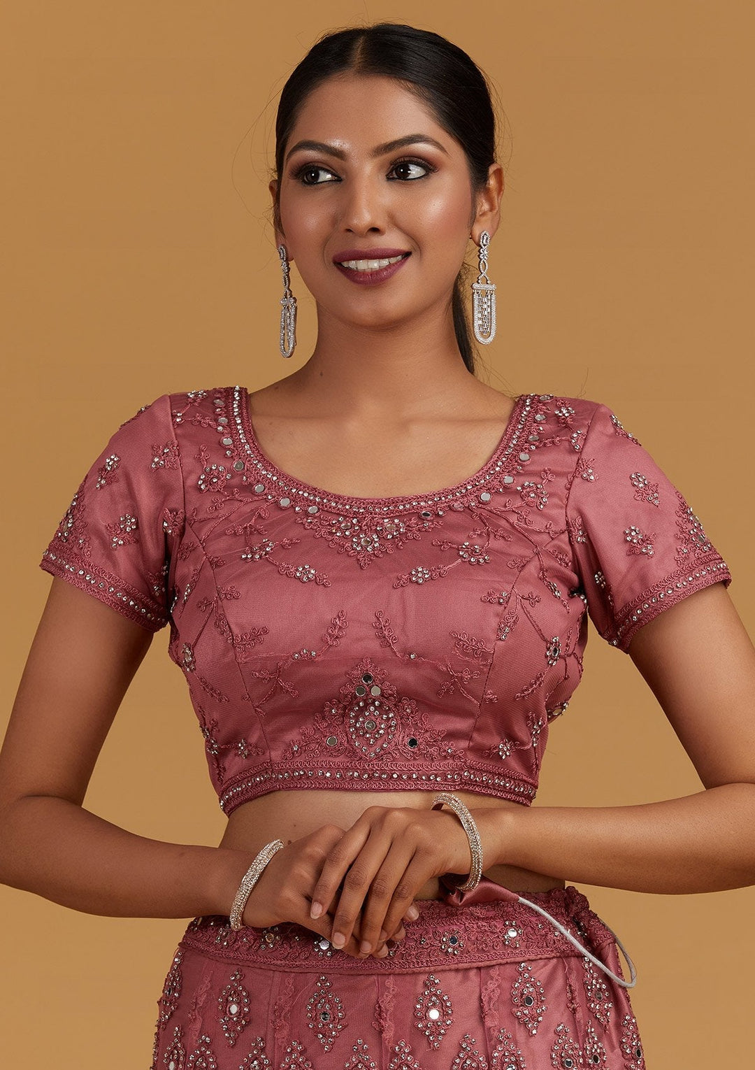 Onion Pink Mirrorwork Net Designer Semi-Stitched Lehenga - Koskii