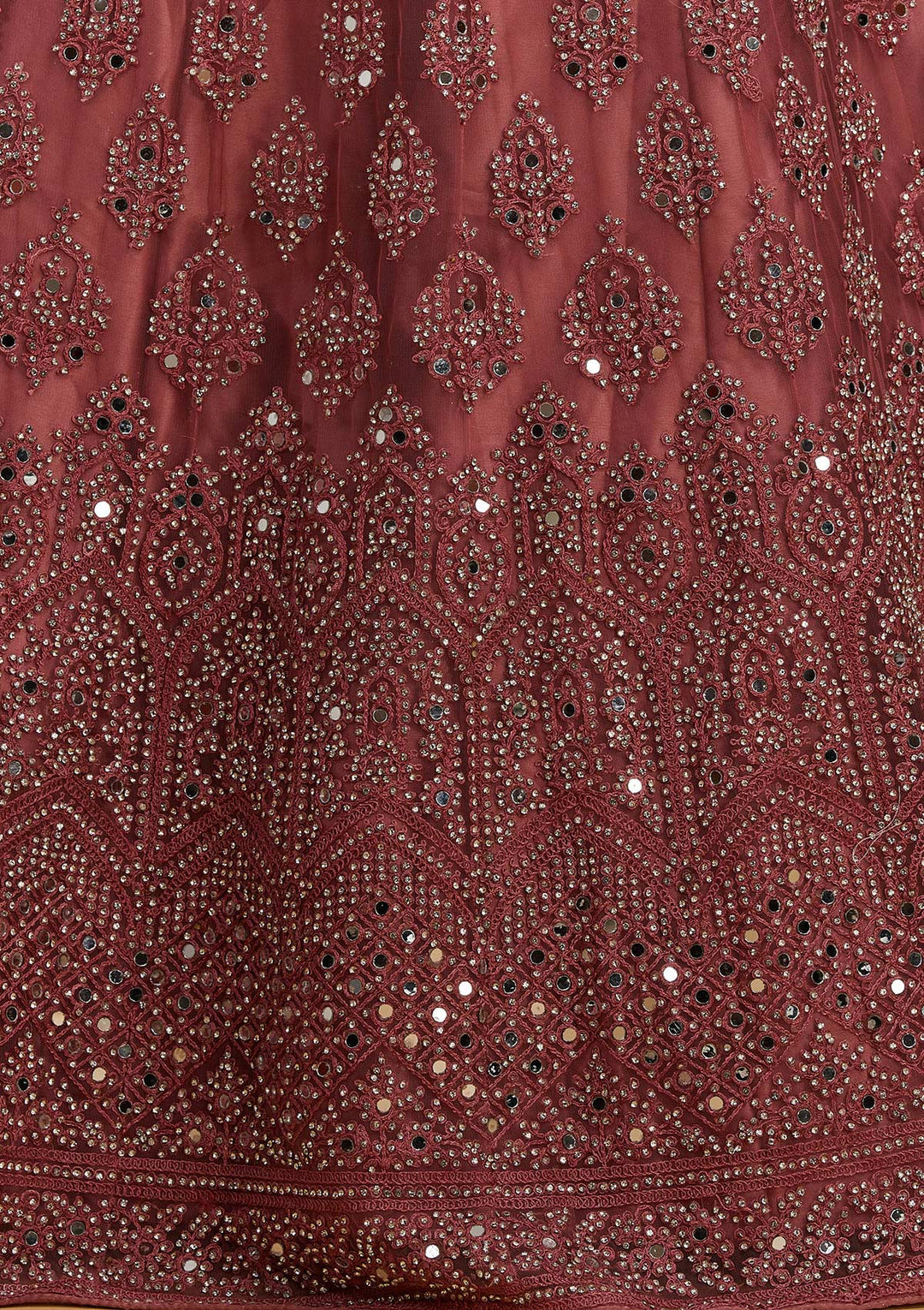 Onion Pink Mirrorwork Net Designer Semi-Stitched Lehenga - Koskii