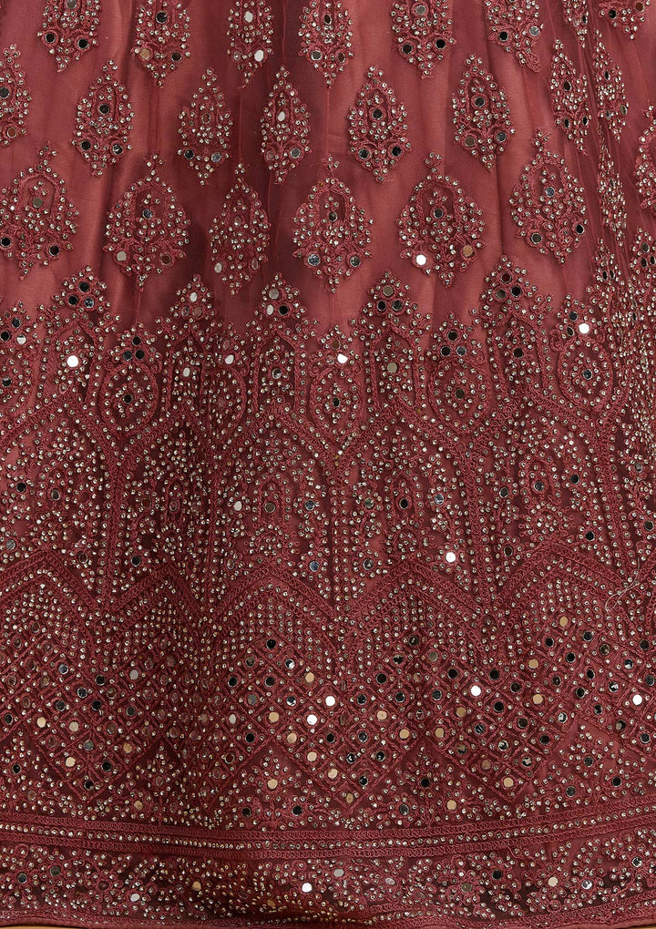 Onion Pink Mirrorwork Net Designer Semi-Stitched Lehenga - Koskii