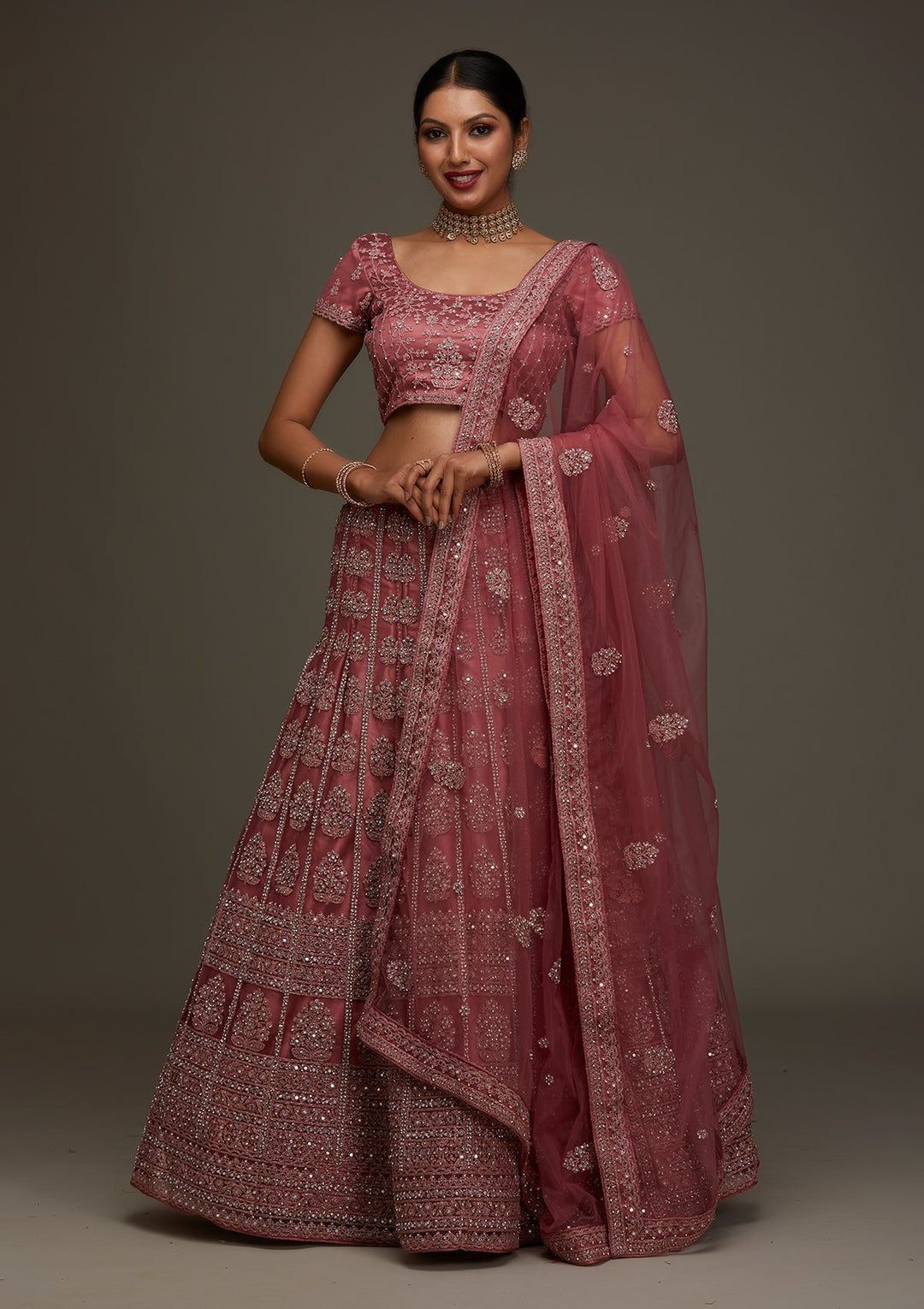Onion Pink Mirrorwork Net Designer Semi-Stitched Lehenga- Koskii