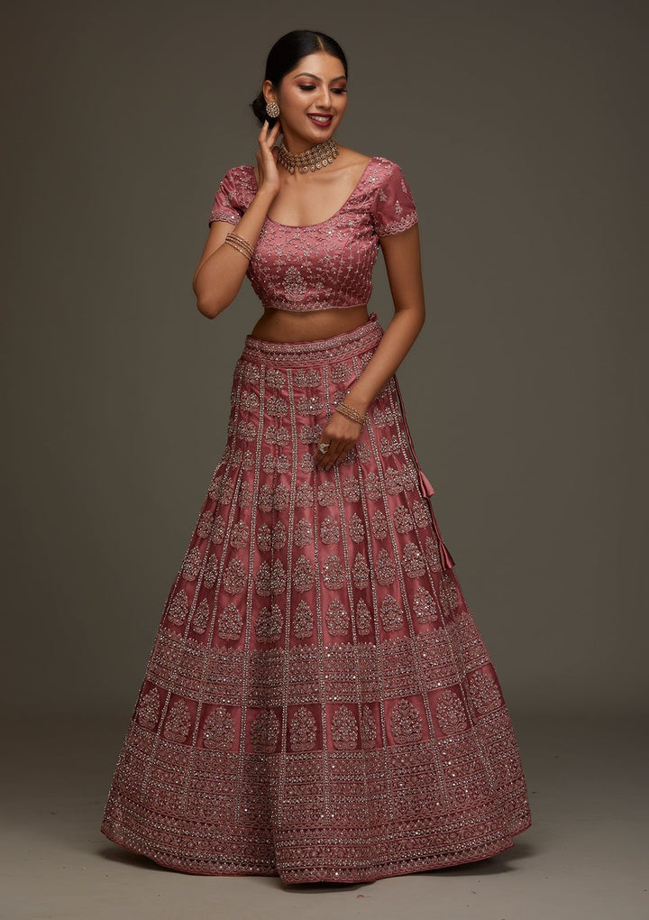 Onion Pink Mirrorwork Net Designer Semi-Stitched Lehenga - Koskii