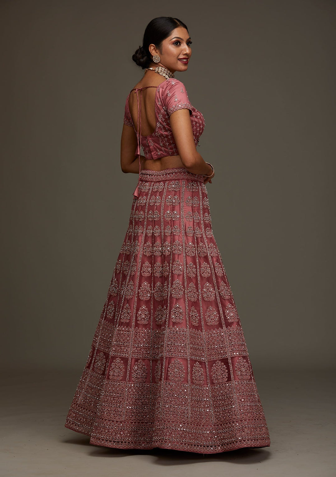 Onion Pink Mirrorwork Net Designer Semi-Stitched Lehenga - Koskii