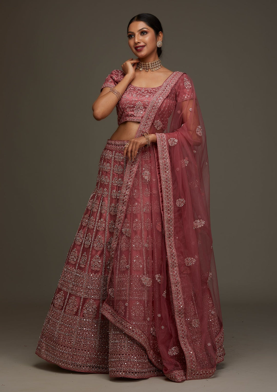 Onion Pink Mirrorwork Net Designer Semi-Stitched Lehenga - Koskii