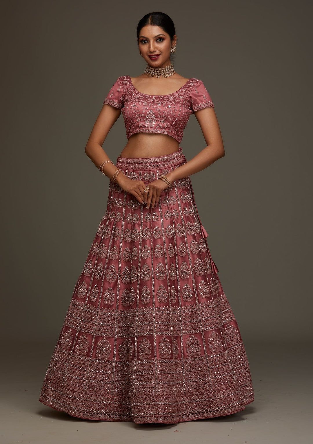 Onion Pink Mirrorwork Net Designer Semi-Stitched Lehenga - Koskii