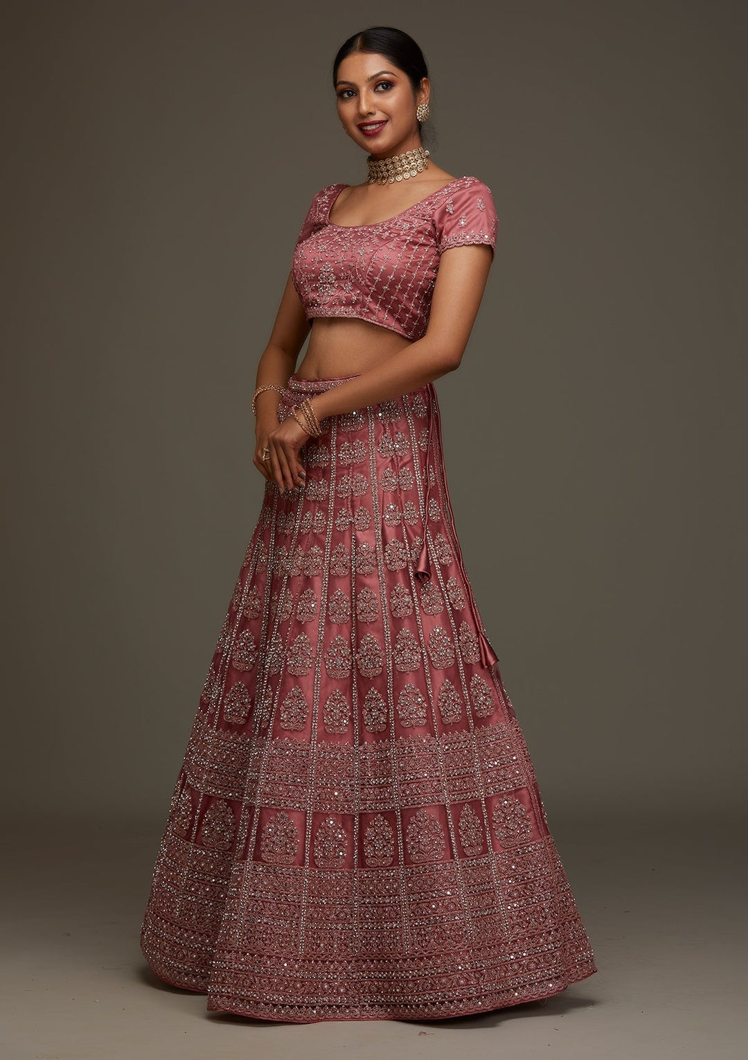 Onion Pink Mirrorwork Net Designer Semi-Stitched Lehenga - Koskii