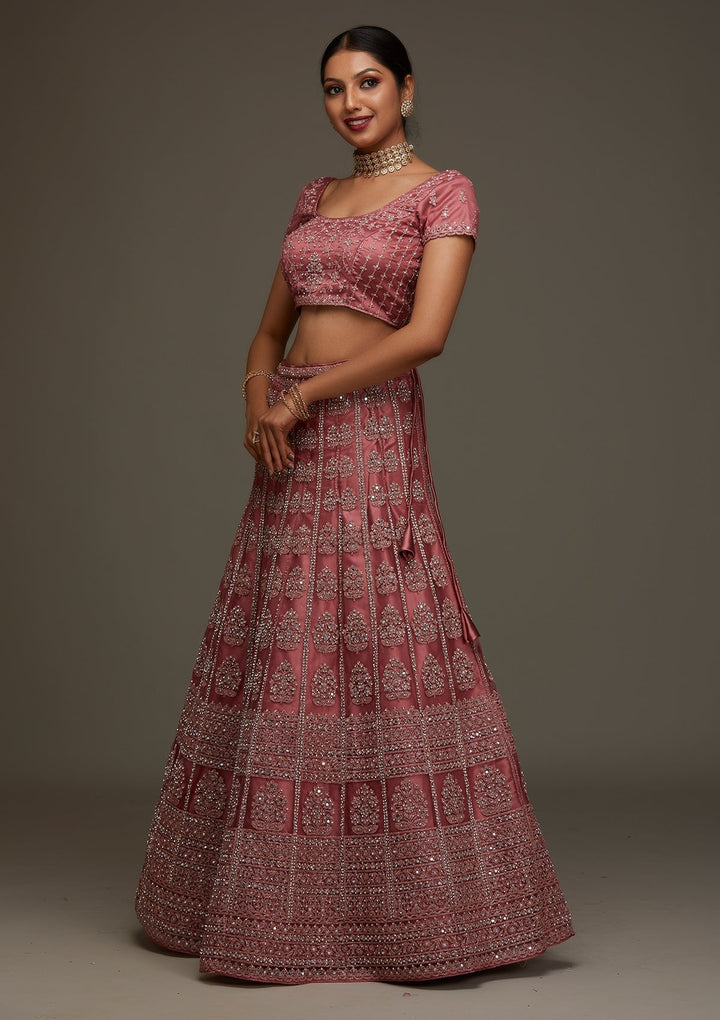 Onion Pink Mirrorwork Net Designer Semi-Stitched Lehenga - Koskii