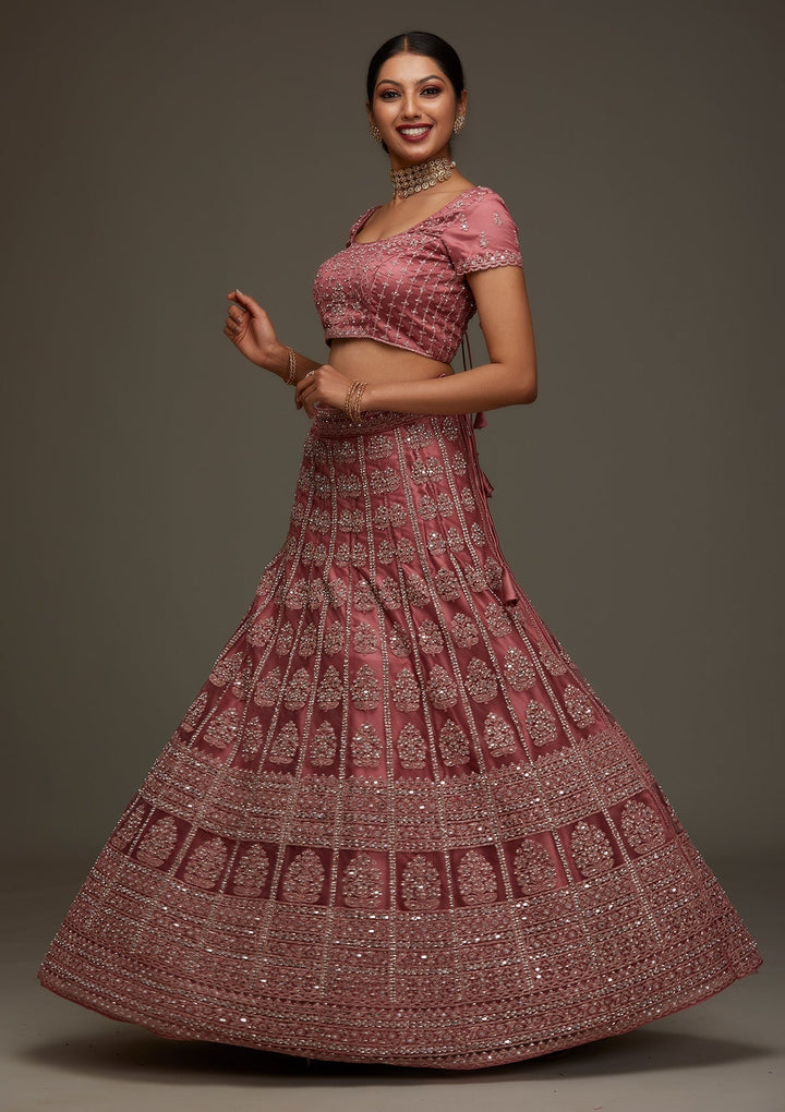 Onion Pink Mirrorwork Net Designer Semi-Stitched Lehenga - Koskii