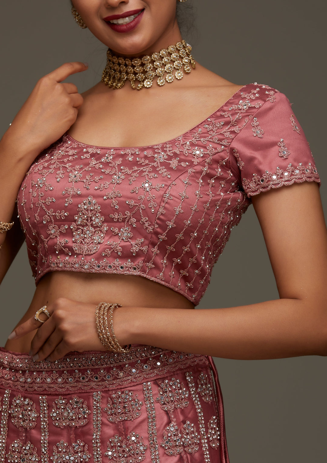 Onion Pink Mirrorwork Net Designer Semi-Stitched Lehenga - Koskii