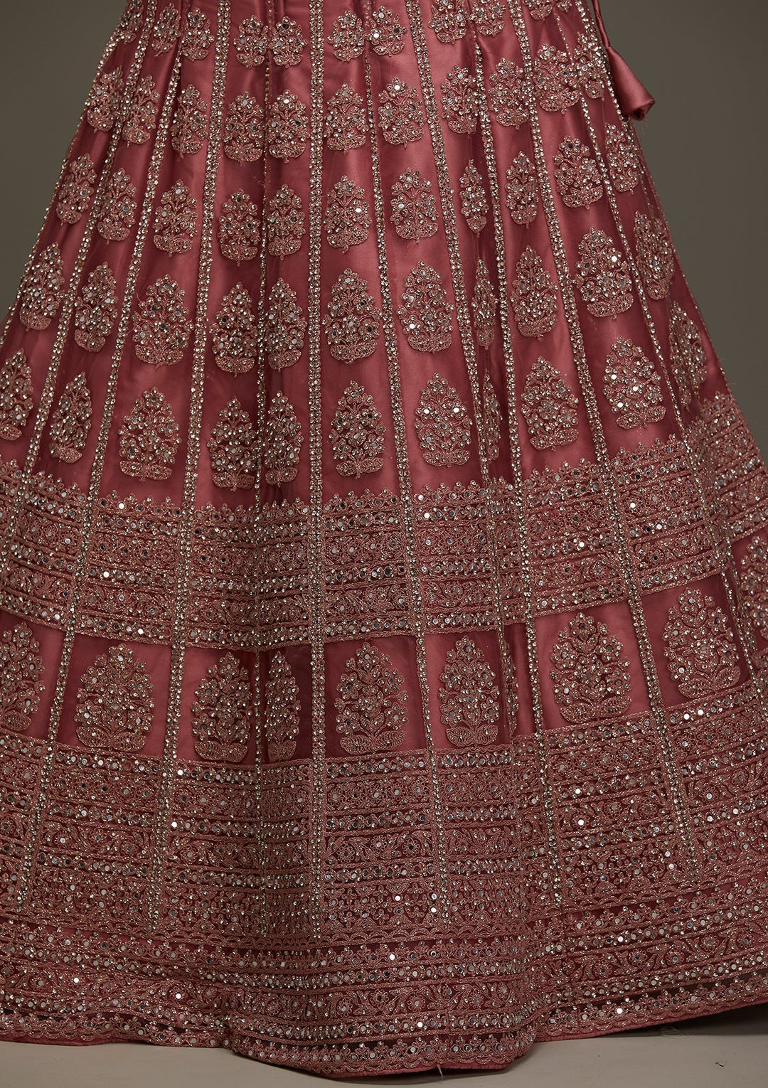 Onion Pink Mirrorwork Net Designer Semi-Stitched Lehenga - Koskii
