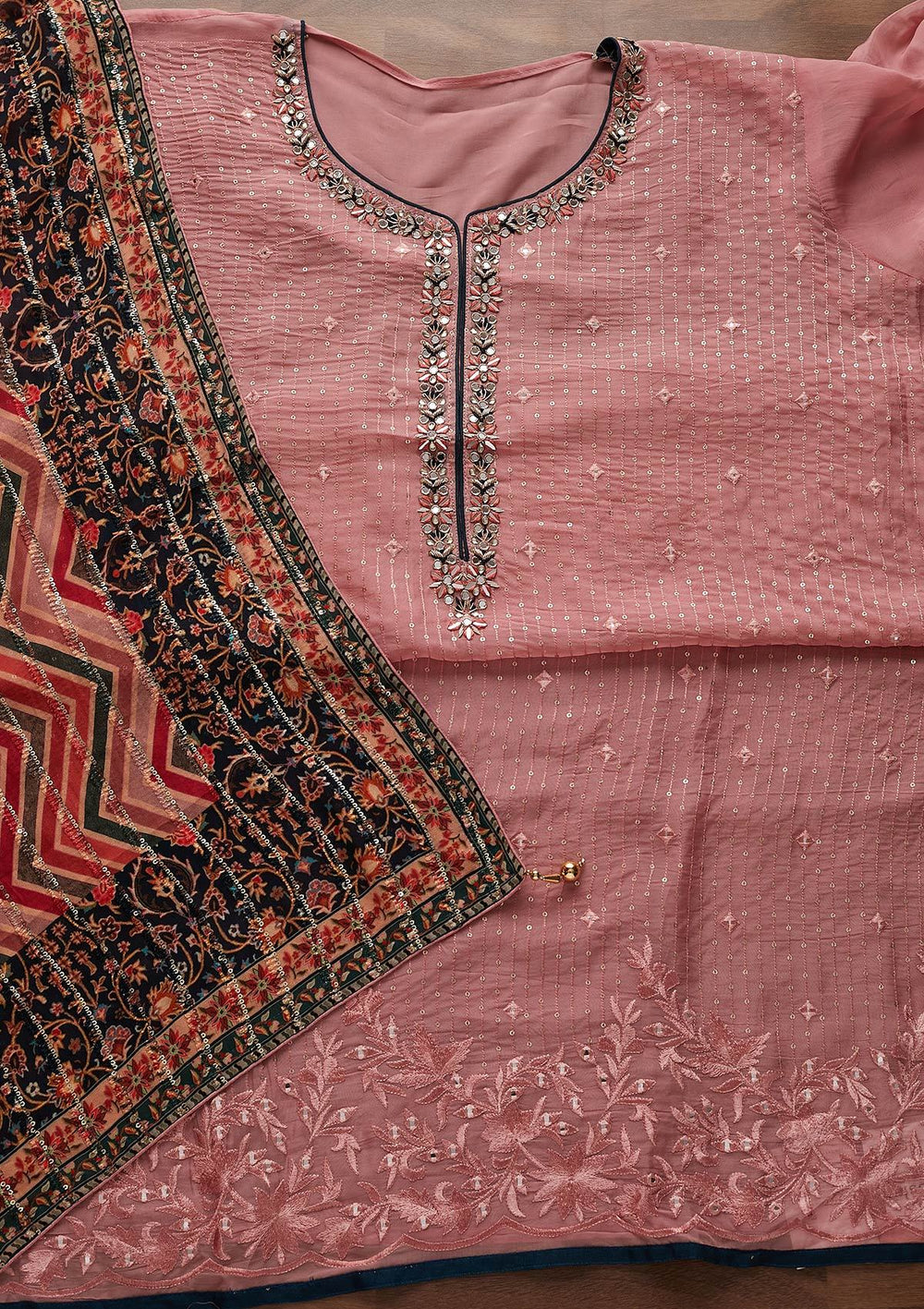 Onion Pink Mirrorwork Semi Crepe Semi-Stitched Salwar Suit - Koskii