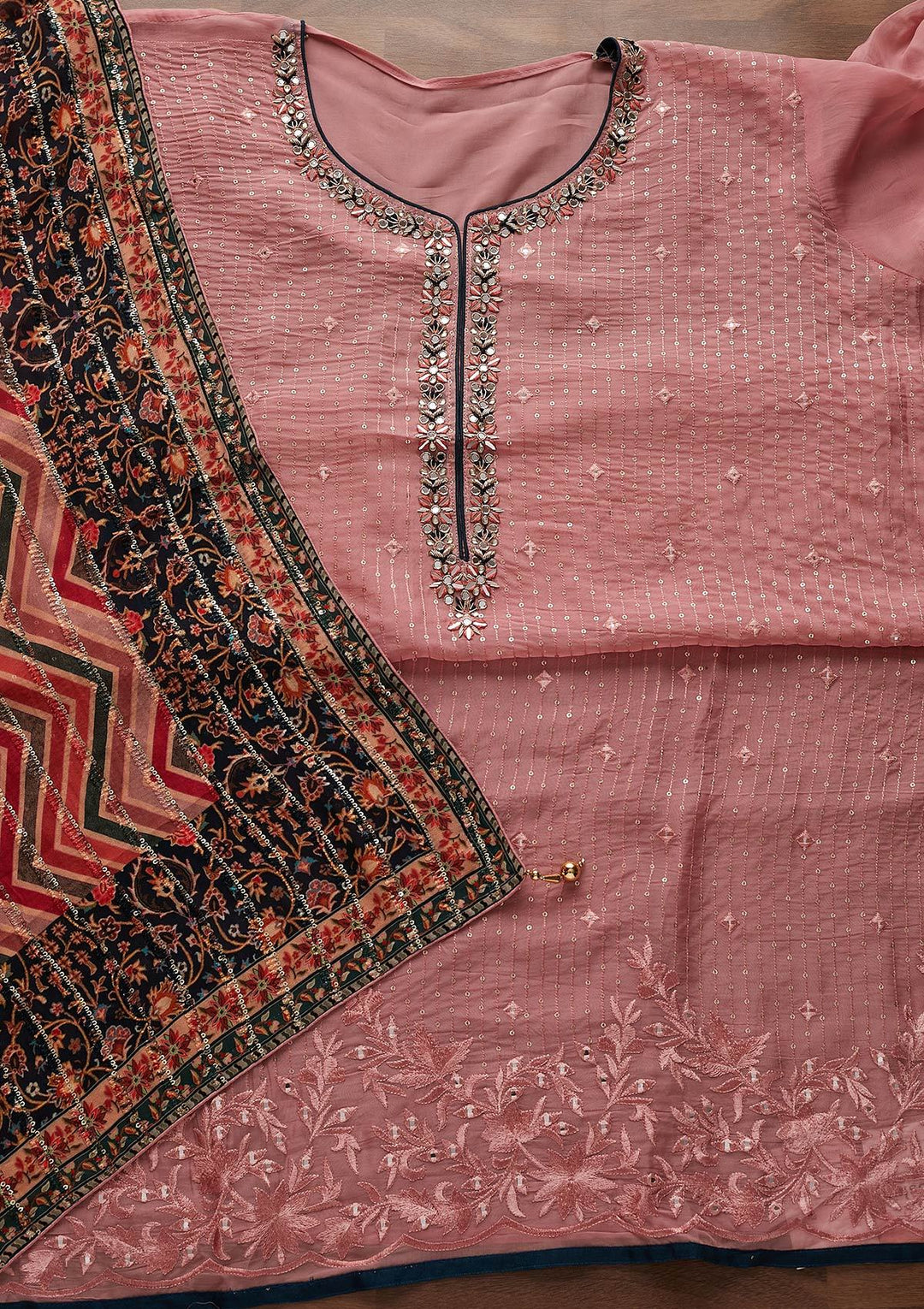 Onion Pink Mirrorwork Semi Crepe Semi-Stitched Salwar Suit - Koskii