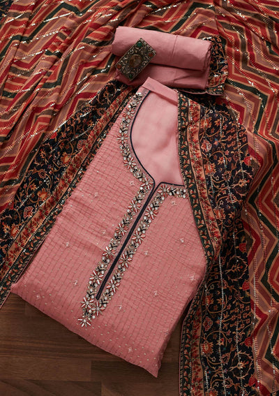 Onion Pink Mirrorwork Semi Crepe Semi-Stitched Salwar Suit - Koskii
