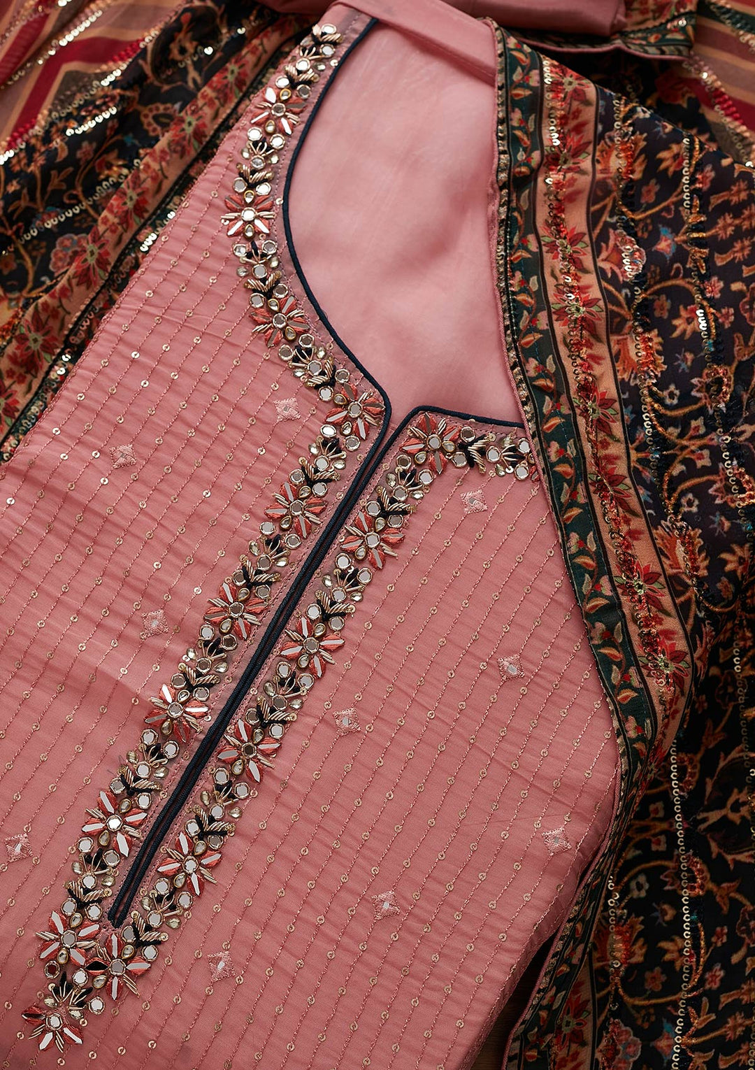Onion Pink Mirrorwork Semi Crepe Semi-Stitched Salwar Suit - Koskii