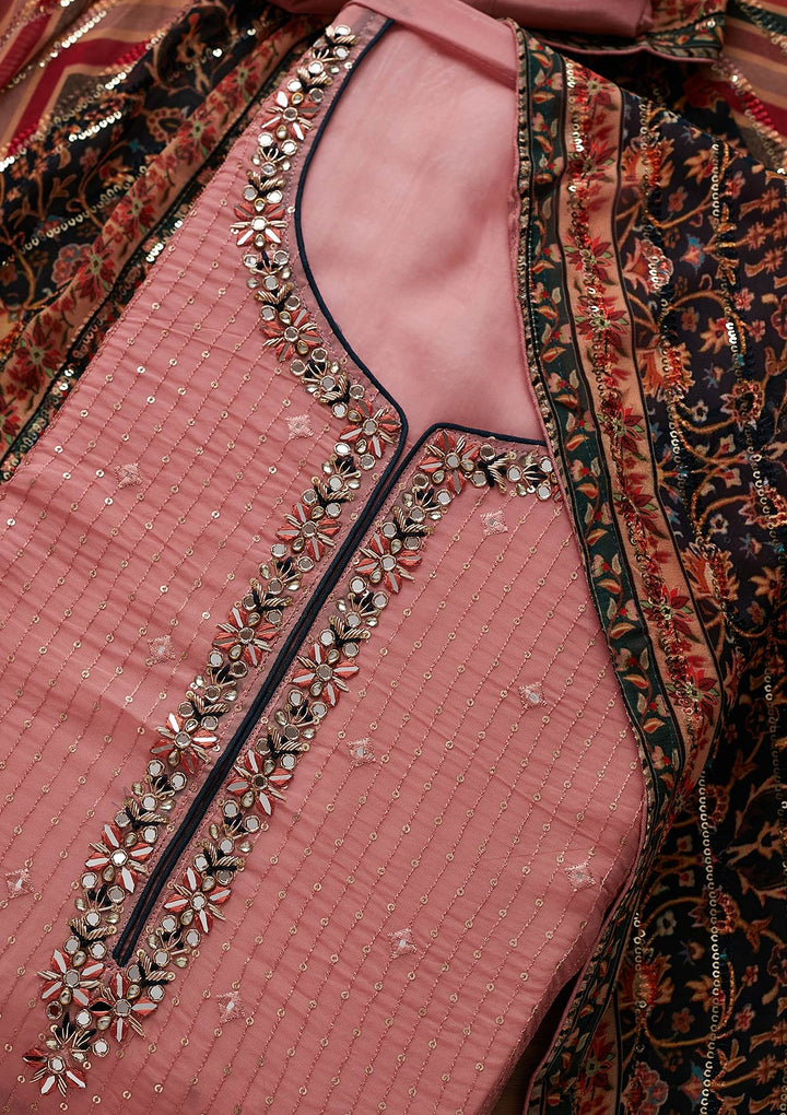 Onion Pink Mirrorwork Semi Crepe Semi-Stitched Salwar Suit - Koskii